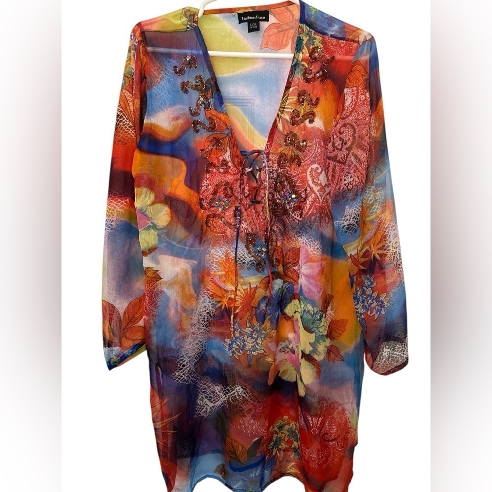 Fashion Fuse Orange and Blue Graphic Tie Front Blouse Beach Coverup Sheer